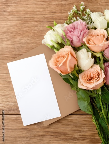A beautiful arrangement of pastel roses beside a blank card on a wooden table, perfect for gifting