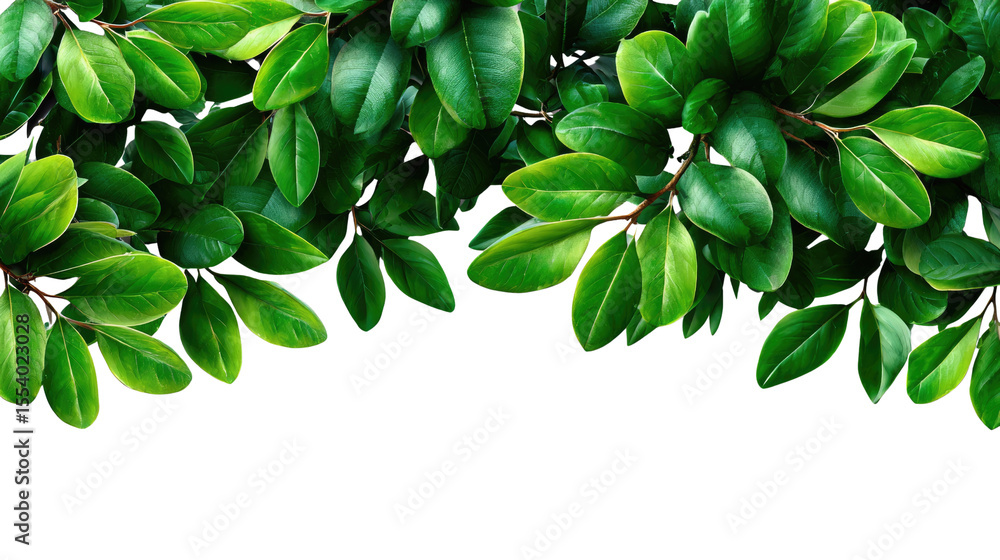 Fototapeta premium Lush Green Leaves: A vibrant array of lush green leaves frames the scene, embodying freshness, growth, and the serene beauty of nature's botanical bounty.