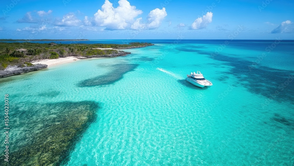 Obraz premium Turquoise waters embrace a boat near a tropical coast, showcasing clear, blue seas and sky