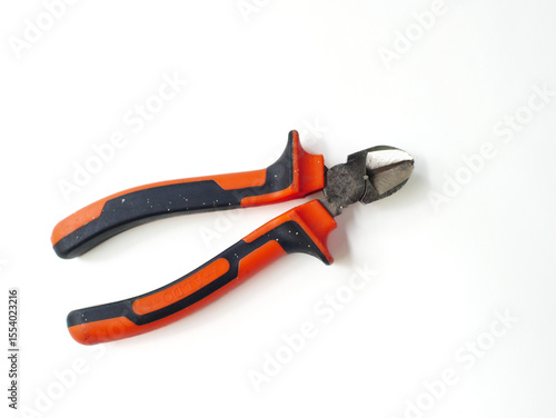 Orange and Black Diagonal Cutting Pliers on White background.