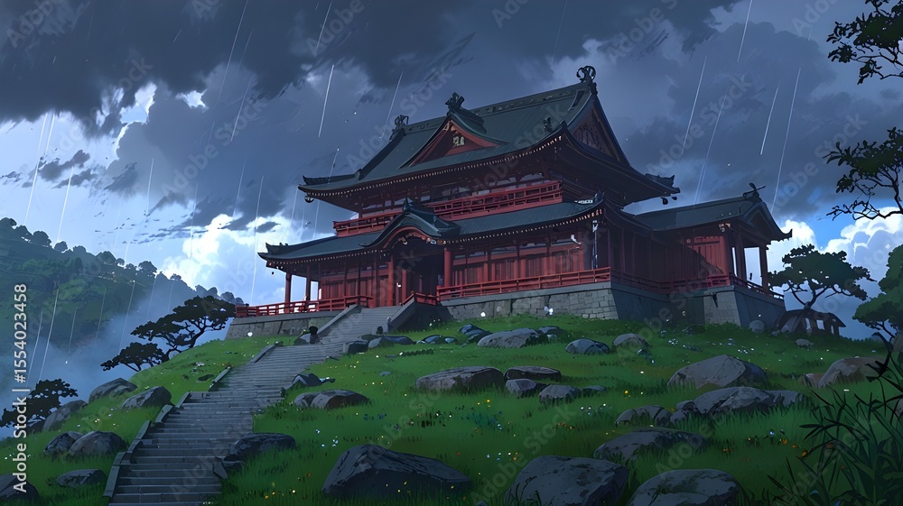Naklejka premium Japanese temple in rainy day cartoon anime