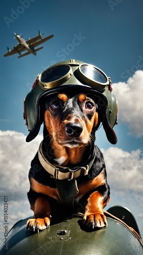 Dog Aviator in Airplane Cockpit with Goggles and Helmet