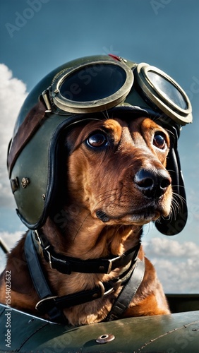 Dog Aviator in Airplane Cockpit with Goggles and Helmet