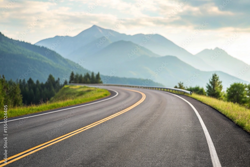 Fototapeta premium Winding road through misty mountains under a cloudy sky 