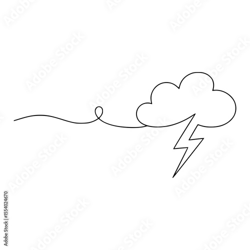 Single continuous line drawing of a cloud with lightning bolt isolated