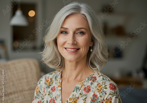 Wallpaper Mural Headshot of a smiling, mature woman with short, gray hair and a floral shirt, exuding confidence and elegance in a natural indoor setting Torontodigital.ca