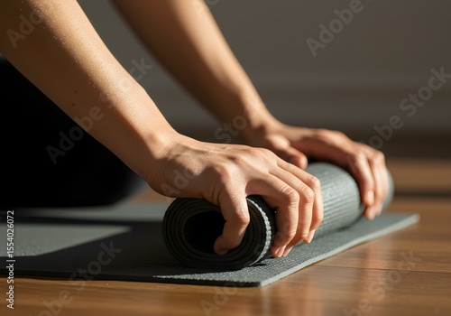 Wallpaper Mural Close-up of hands rolling up a yoga mat on a wooden floor, preparing for a yoga or meditation session, a symbol of health and wellness Torontodigital.ca