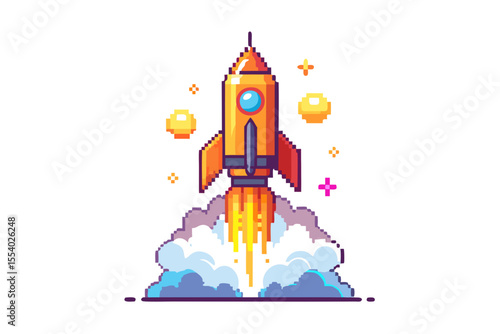 bit rocket icon blasting upward pixel flames