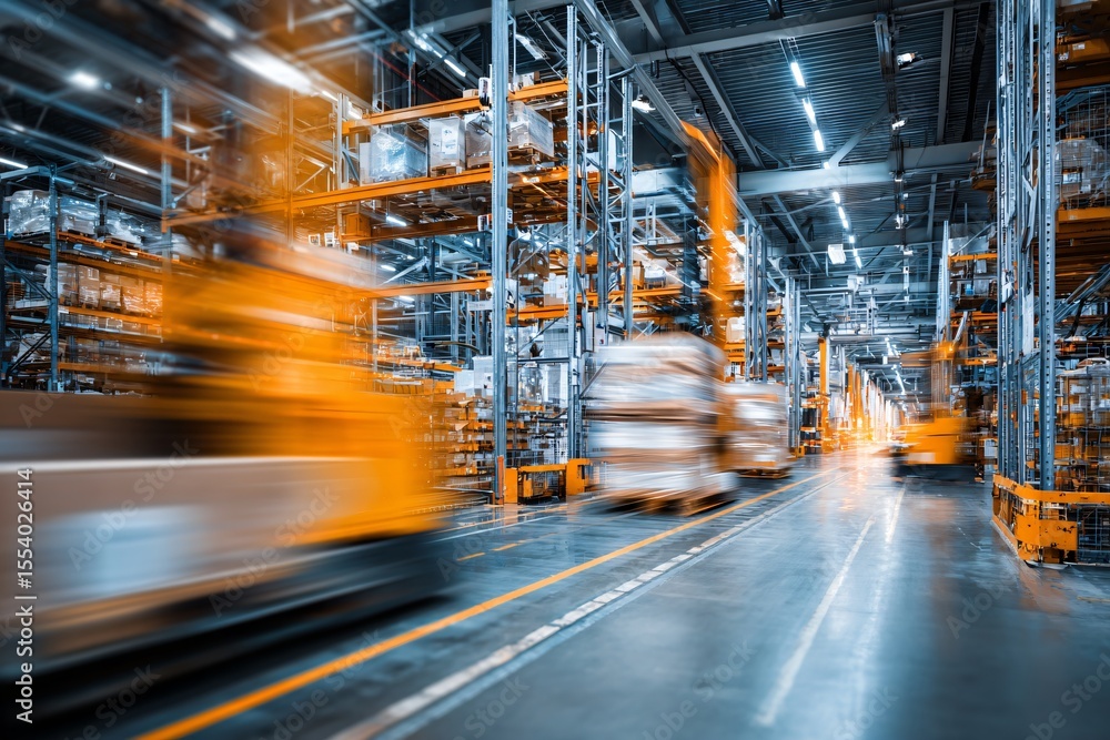 Fototapeta premium Efficient Warehouse Operations Modern Facility Industrial Scene Dynamic Environment Aerial View Automation