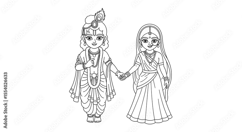 Fototapeta premium Charming illustration of lord krishna and radha holding hands isolated on transparent background