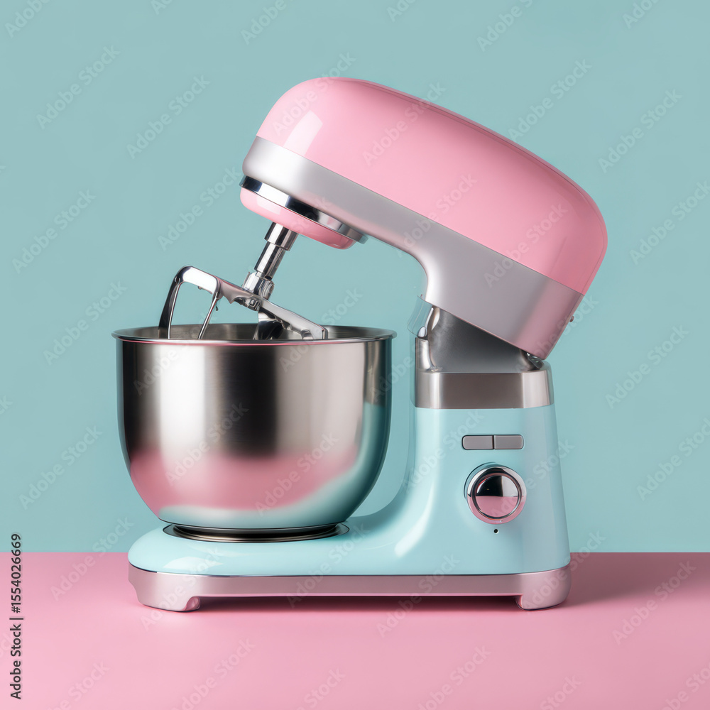 Stand mixer with stainless steel bowl, pastel color option, clean background cutout, baking appliance theme Stand mixer with stainless steel bowl, pastel color option, clean background cutout, baking appliance theme