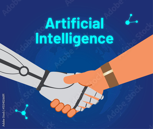 Artificial intelligence shaking hands with human vector illustration