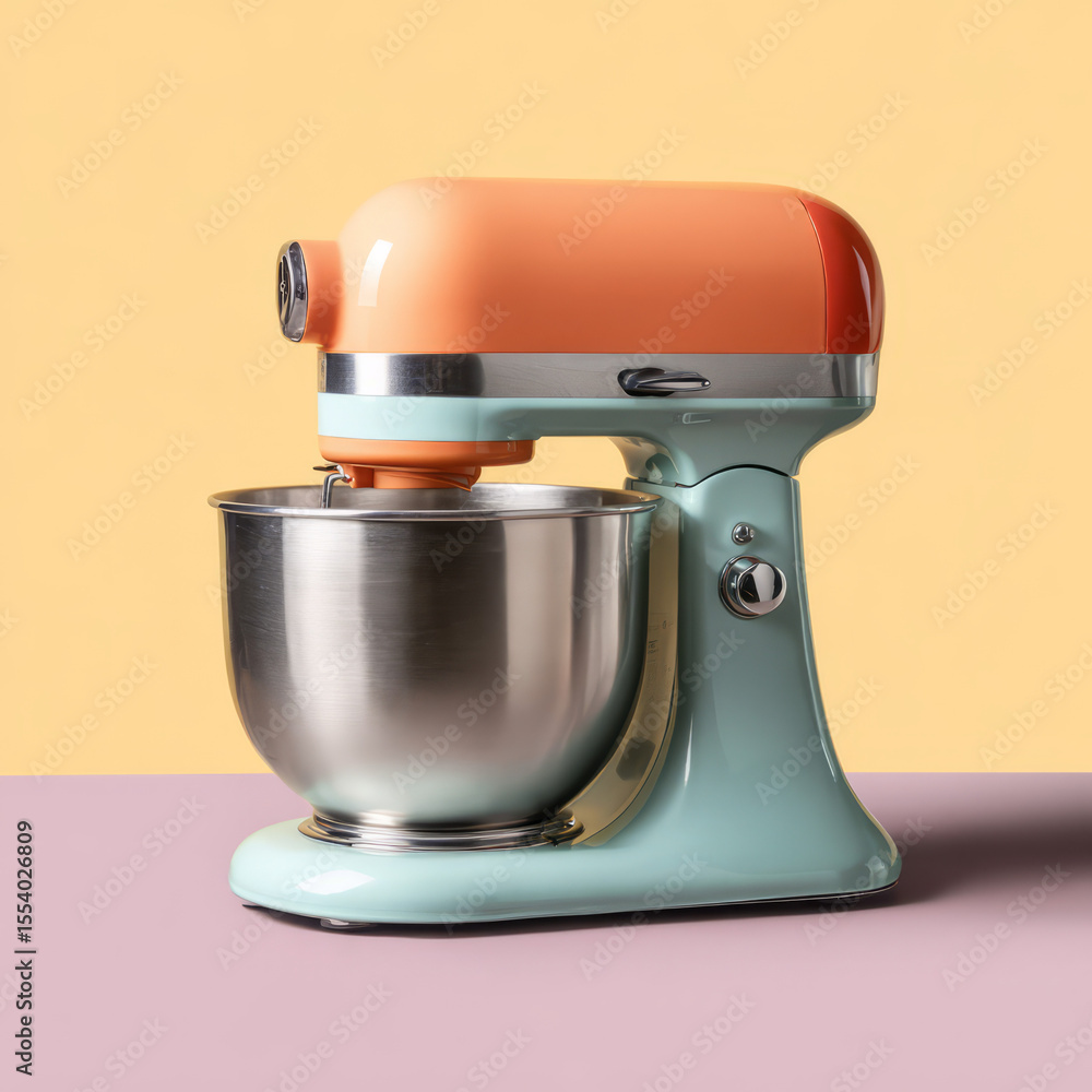 Stand mixer with stainless steel bowl, pastel color option, clean background cutout, baking appliance theme Stand mixer with stainless steel bowl, pastel color option, clean background cutout, baking appliance theme
