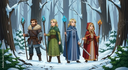 Four Pixelated Fantasy Adventurers With Magical Staffs Standing in a Snowy Forest