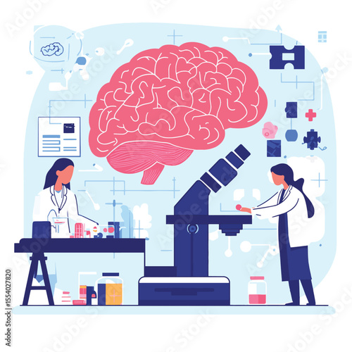 Scientists analyzing brain with microscope, brain scan, puzzle, and medication in modern flat graphic style on white background