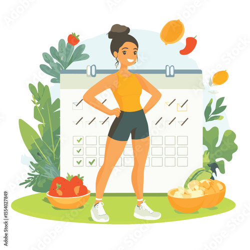 Woman exercising in front of calendar with check marks, fitness gear, and healthy food, flat graphic style on white background