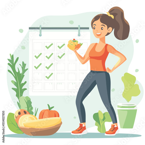 Woman exercising in front of calendar with check marks, fitness gear, and healthy food, flat graphic style on white background