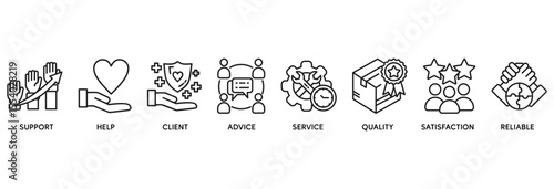 Customer care icon set vector illustration concept relate to customer support and telemarketing service with an icon of help, client, advice, chat, service, reliability, quality, and satisfaction