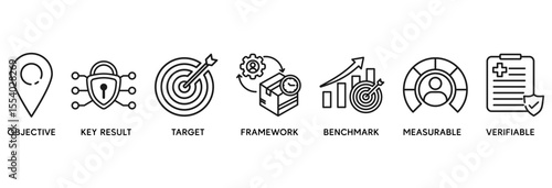 OKR icon set vector illustration concept relate to objectives and key results with icon of objective, key results, target, framework, benchmark, measurable, and verifiable