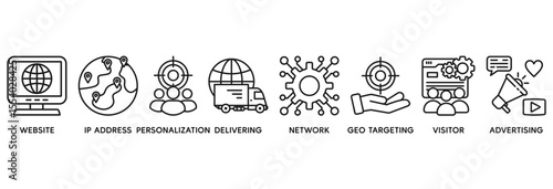 Geo targeting icon set vector illustration concept relate to website, ip address, personalization, delivering, network, geo targeting, visistor, advertising