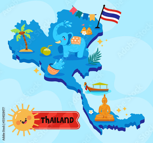 Thailand map with cultural symbols and heritage icons vector illustration