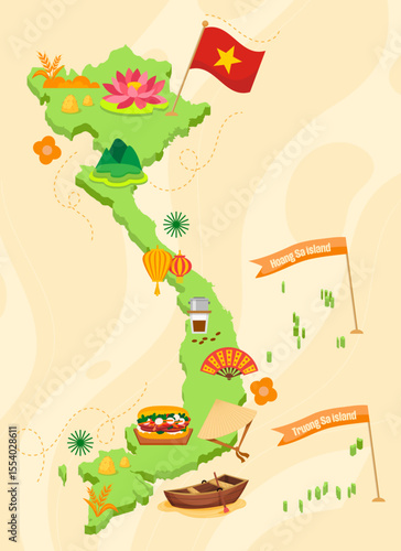 Vietnam map with cultural symbols and heritage icons vector illustration

