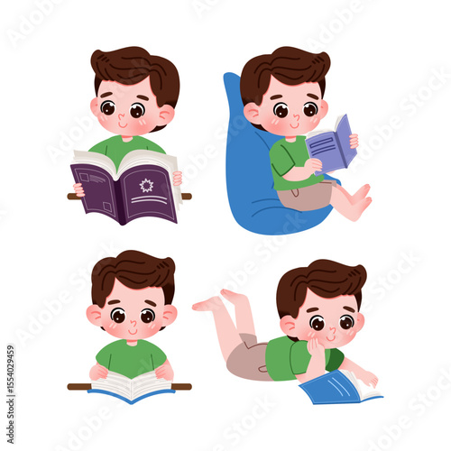 Boy enjoying reading books in various positions