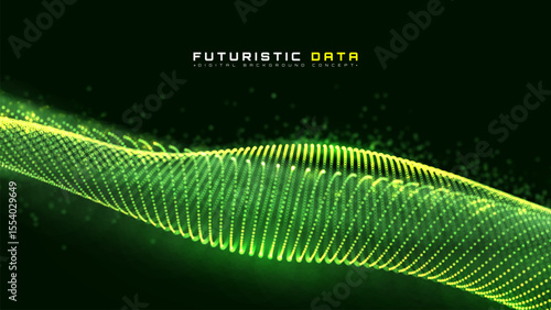 Futuristic Green Data Wave, Abstract Big Digital Glow, AI Helix Particle, Neon Matrix Sound Waveform Banner, Sound Tech Vibration Curve. Vector illustration.