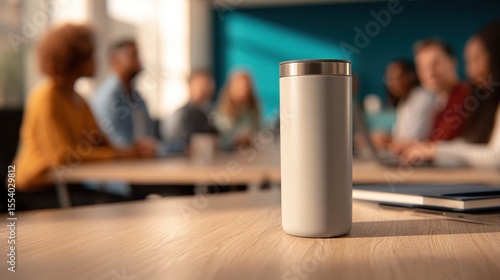 Wallpaper Mural Modern office meeting scene with a coffee cup in focus, colleagues engaged in discussion Torontodigital.ca