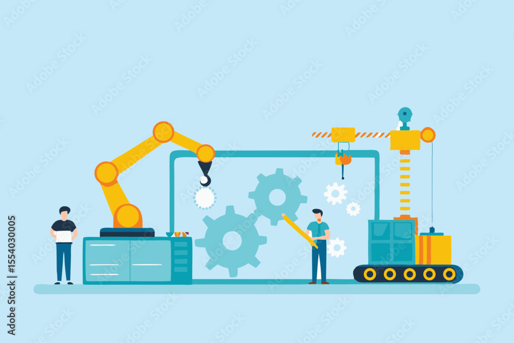 Naklejka premium escription: A group of people working together on a large screen that displays gears and code. The setup suggests teamwork in software development or system configuration. Key Elements: People collabo