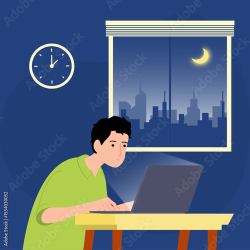 Overworked man doing extra hours at desk illustration
