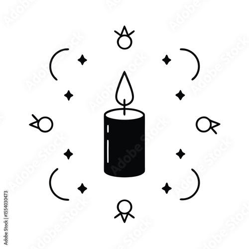 Mystical candle illuminated by glowing magical runes and ancient symbols on a clean white background evoking enchantment and arcane power
