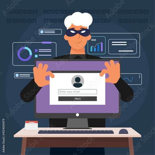 Thief stealing personal information data vector illustration