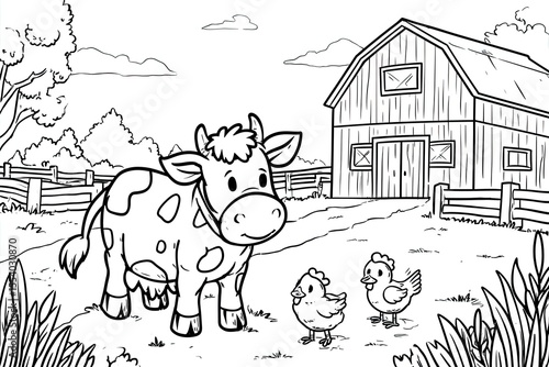 Cute cow and chicks in a farm scene. Coloring page