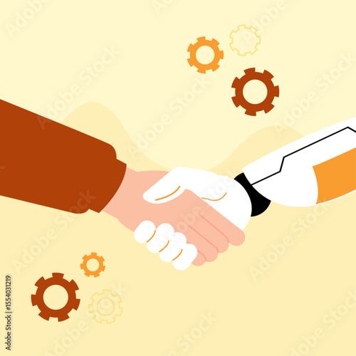 Human and robot shaking hands in workplace collaboration vector illustration