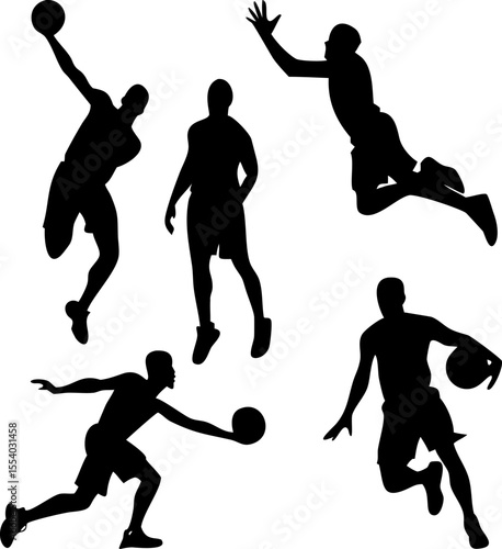 Silhouettes of Basketball Players in Action – Dribbling, Dunking, Shooting and Jumping Vector Set