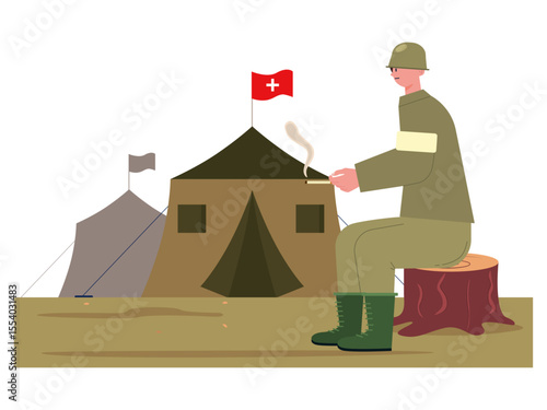 Soldiers handling health care are wearing uniforms and smoking cigarettes. War illustration. Flat vector illustration.