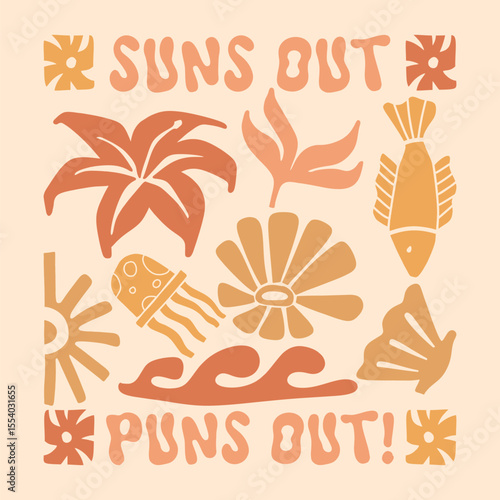 Retro summer florals poster design, Boho summer t-shirt design, Aesthetic bohemian tropical for print, Vintage summer graphic 