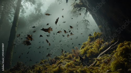 A multitude of dark, feathered things flitting through a misty forest.