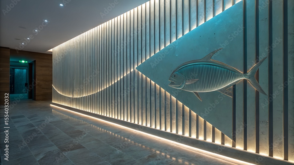 Fototapeta premium Illuminated Aquatic Biomorphic Fish Sculpture in Modern Eco Tech Interior Design