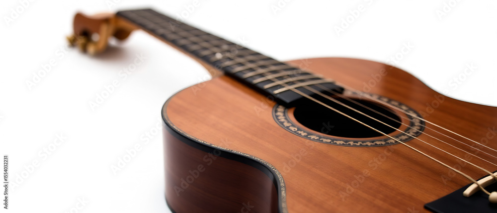 Fototapeta premium Close-up view of a vintage acoustic guitar. Focus on the intricate wood grain detail, highlighting the rich tones of the wood. High resolution image.