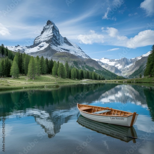 Pristine alpine lake with turquoise water and majestic mountain backdrop.