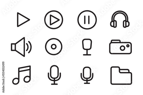 Collection of essential media playback and recording icons in a clean outline style