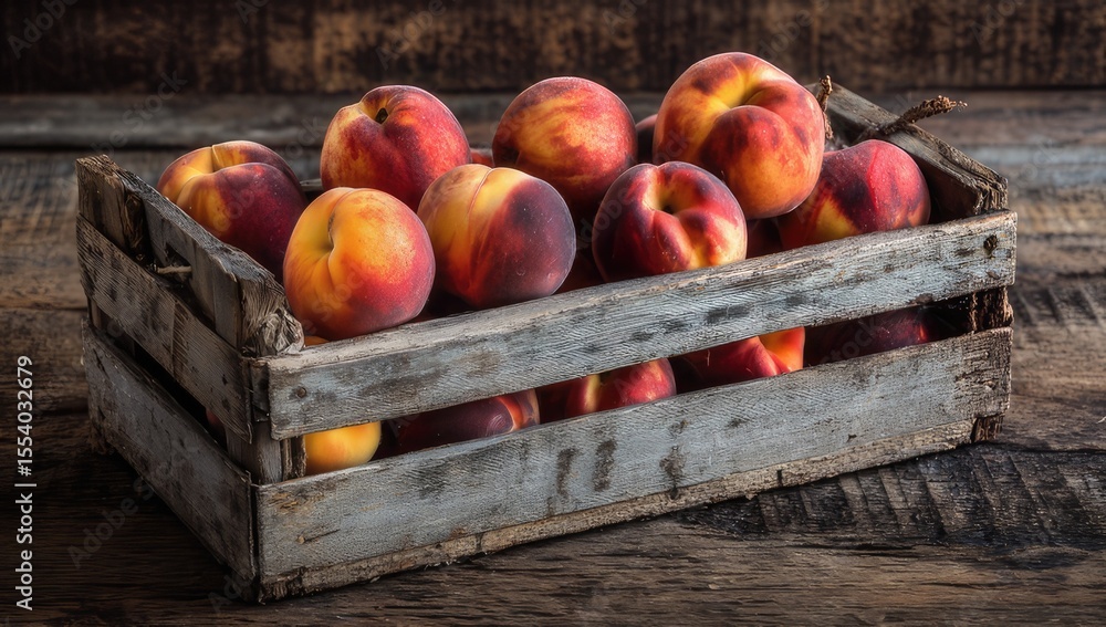 Fresh peaches in a rustic wooden crate (3) Fresh peaches in a rustic wooden crate (3)
