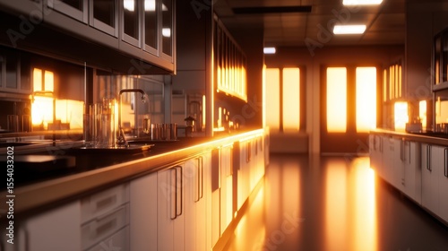 Fototapeta Naklejka Na Ścianę i Meble -  Modern kitchen interior during sunset with warm light illuminating countertops and cabinets