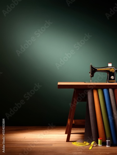 Vintage sewing machine on a wooden table with colorful fabric rolls and sewing supplies nearby