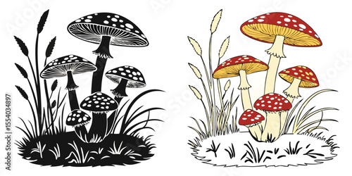 Wild Mushroom Collection – Colored and Silhouette Vector Set