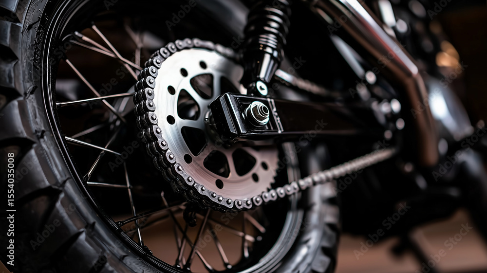 Fototapeta premium Close-Up Photo of Black Motorcycle Rear Wheel. 