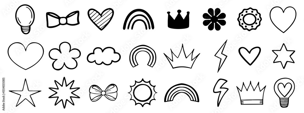 Fototapeta premium A collection of hand drawn doodle icons featuring a lightbulb bow tie hearts rainbows crowns clouds lightning bolts stars and sun symbols on a white background