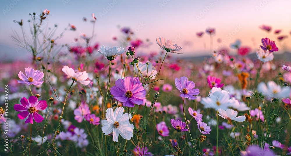 Colorful cosmos flowers in a field at sunset Colorful cosmos flowers in a field at sunset